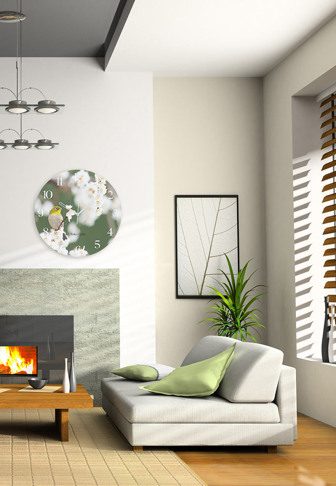 大型時計 Toki×Tabi 梅の花とメジロ -white- 60cm